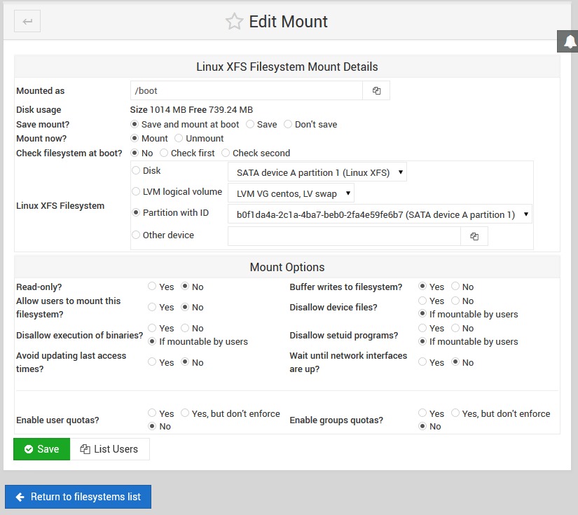 Webmin Disk ve Ağ Dosya Sistemleri